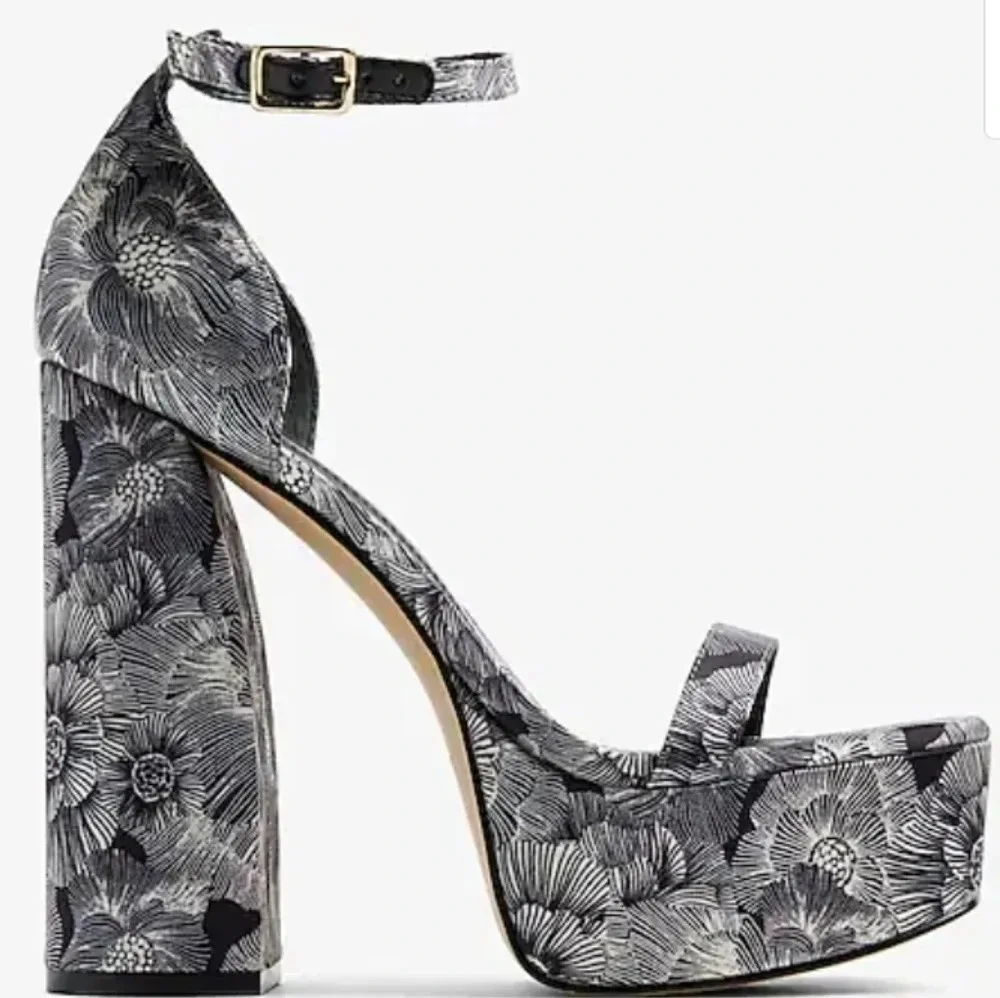 Black & White Floral Platform Heeled Sandals